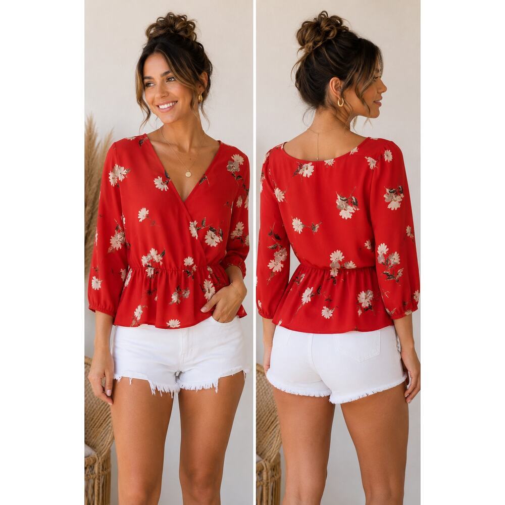 Veronica M Red Floral Faux Wrap Peplum Blouse – Women’s Small